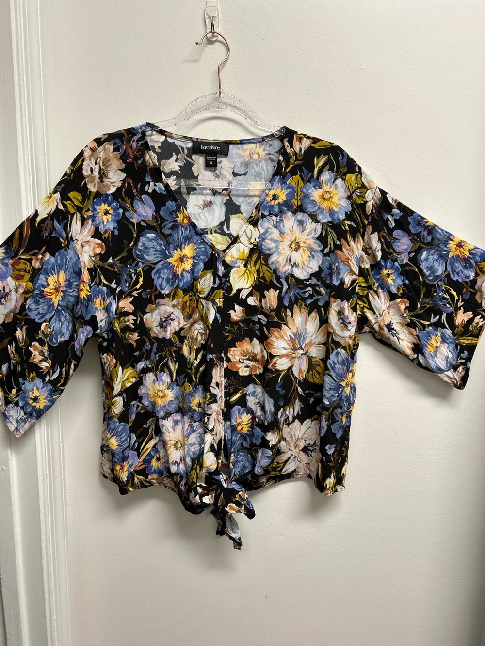 Karen Kane Black Floral Tie-Front Top with Blue & Cream Blooms